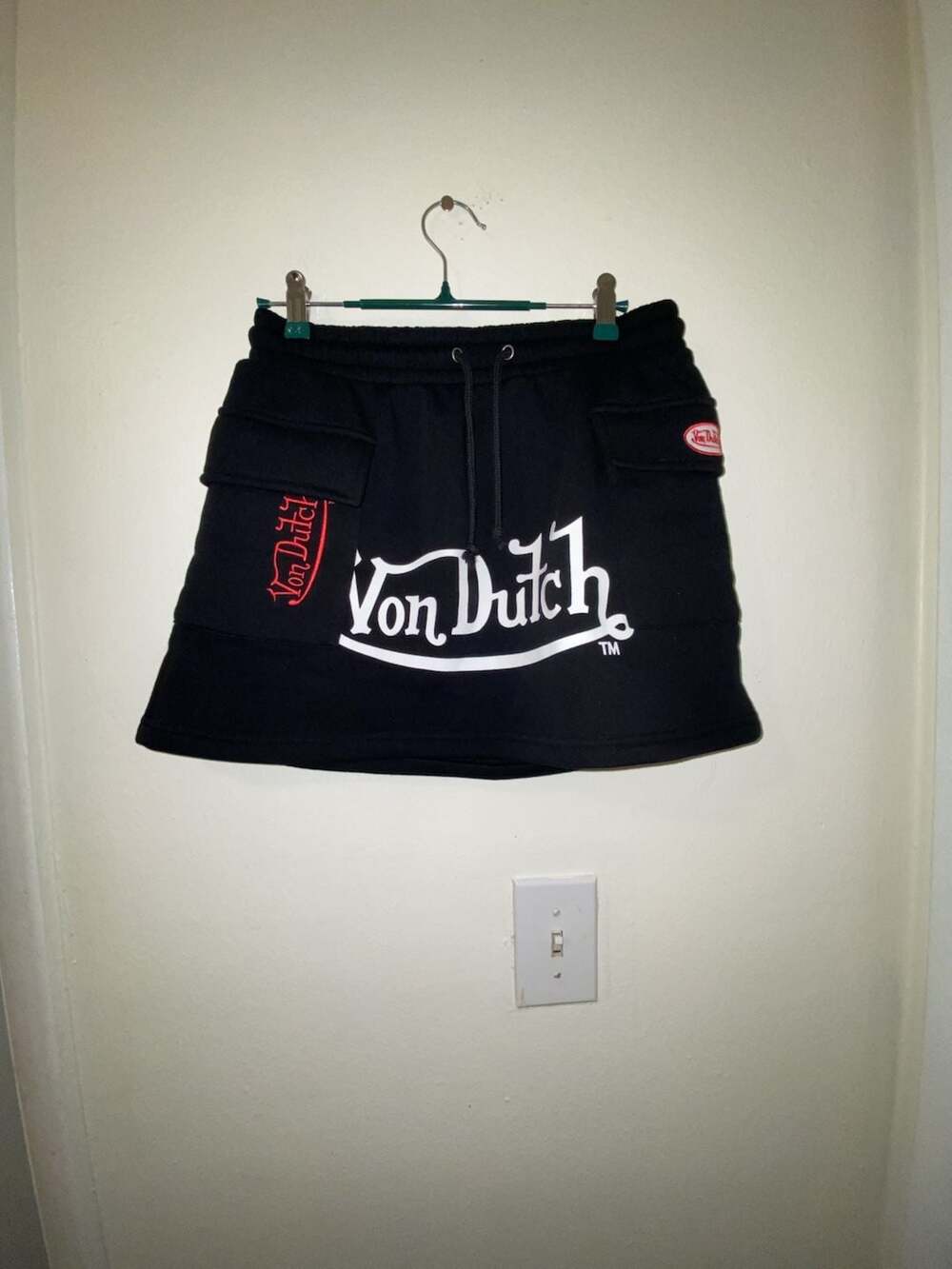 Von Dutch Black Sweatshirt Material Cargo Mini Skirt
